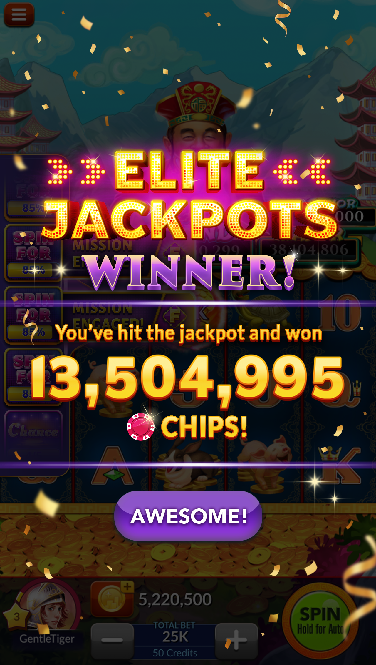 Elite Jackpot win popup — Big Fish Casino
